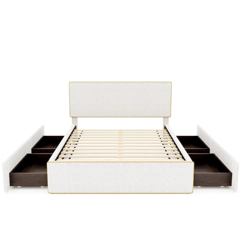 Full Size Upholstered Platform Bed with 4 Storage Drawers - Fleece Fabric, Golden Edge Headboard, Solid Wood Slats, 220lbs