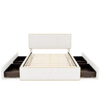 Full Size Upholstered Platform Bed with 4 Storage Drawers - Fleece Fabric, Golden Edge Headboard, Solid Wood Slats, 220lbs
