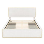 Full Size Upholstered Platform Bed with 4 Storage Drawers - Fleece Fabric, Golden Edge Headboard, Solid Wood Slats, 220lbs