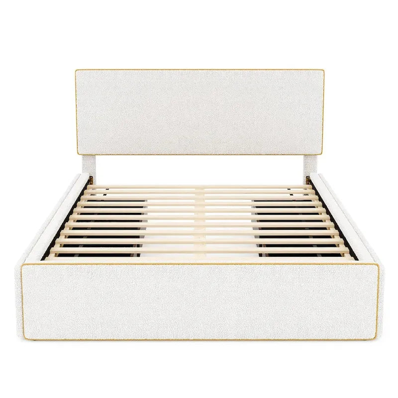 Full Size Upholstered Platform Bed with 4 Storage Drawers - Fleece Fabric, Golden Edge Headboard, Solid Wood Slats, 220lbs