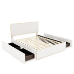 Full Size Upholstered Platform Bed with 4 Storage Drawers - Fleece Fabric, Golden Edge Headboard, Solid Wood Slats, 220lbs