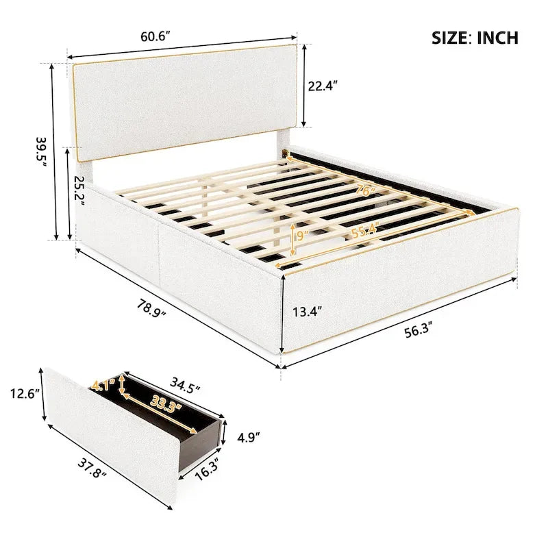 Full Size Upholstered Platform Bed with 4 Storage Drawers - Fleece Fabric, Golden Edge Headboard, Solid Wood Slats, 220lbs