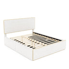 Full Size Upholstered Platform Bed with 4 Storage Drawers - Fleece Fabric, Golden Edge Headboard, Solid Wood Slats, 220lbs