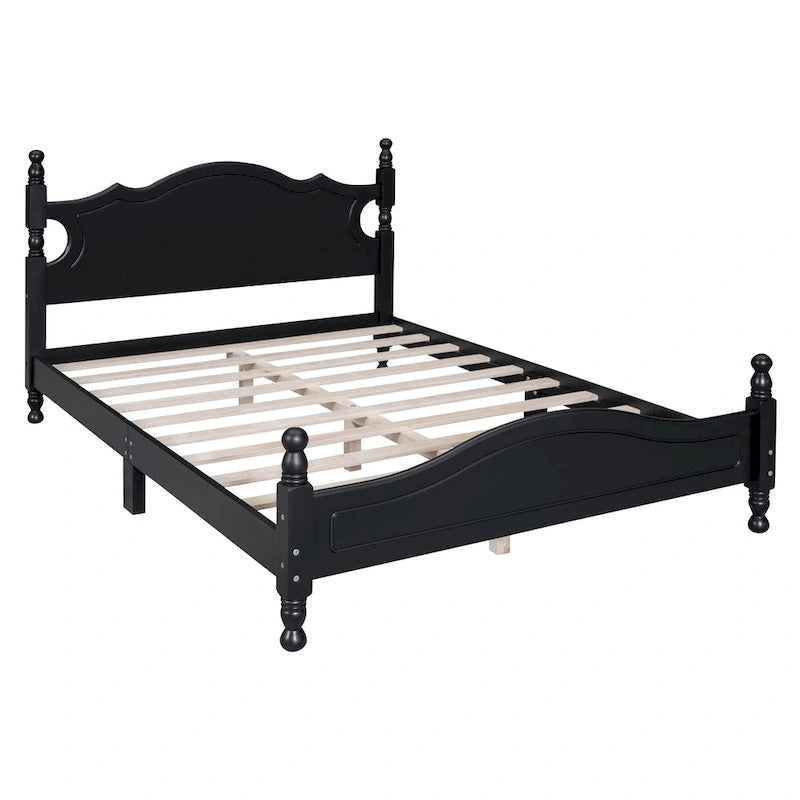 Full Size Wood Platform Bed Frame - Retro Style with Solid Wooden Slat Support, No Box Spring Needed, 400lbs Capacity