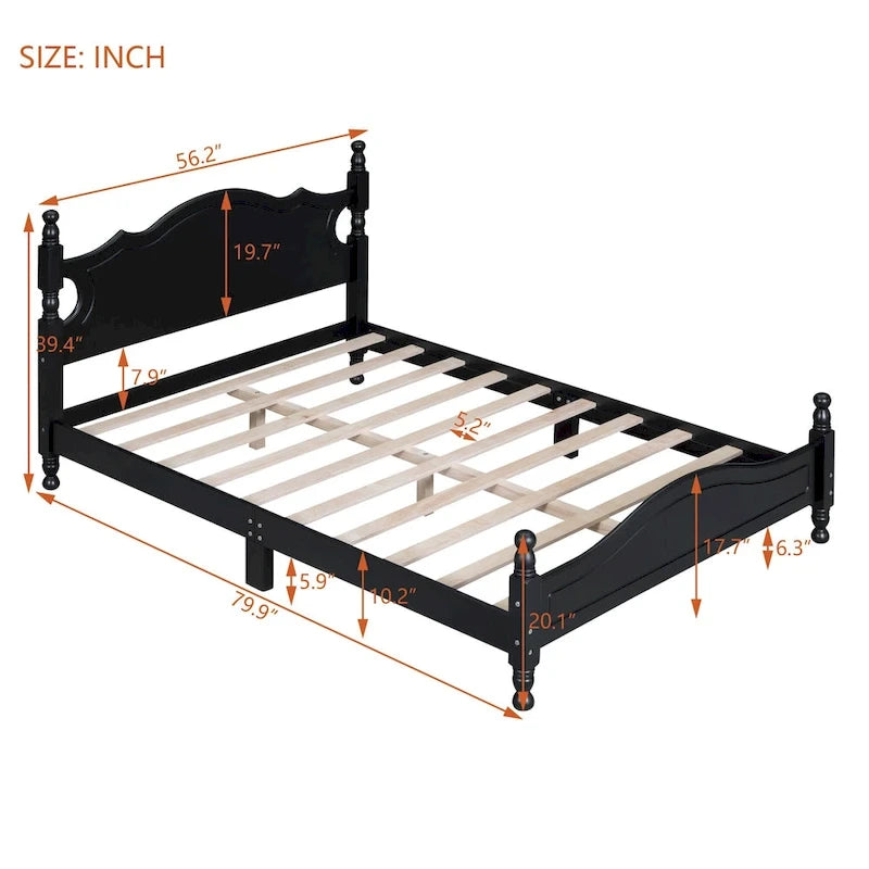Full Size Wood Platform Bed Frame - Retro Style with Solid Wooden Slat Support, No Box Spring Needed, 400lbs Capacity