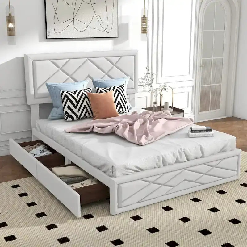 Queen Platform Bed with Upholstered Headboard & Storage Drawers - Noise-Free, No Box Spring Needed, Rivet Design