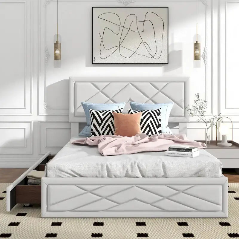 Queen Platform Bed with Upholstered Headboard & Storage Drawers - Noise-Free, No Box Spring Needed, Rivet Design