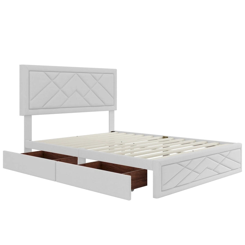Queen Platform Bed with Upholstered Headboard & Storage Drawers - Noise-Free, No Box Spring Needed, Rivet Design