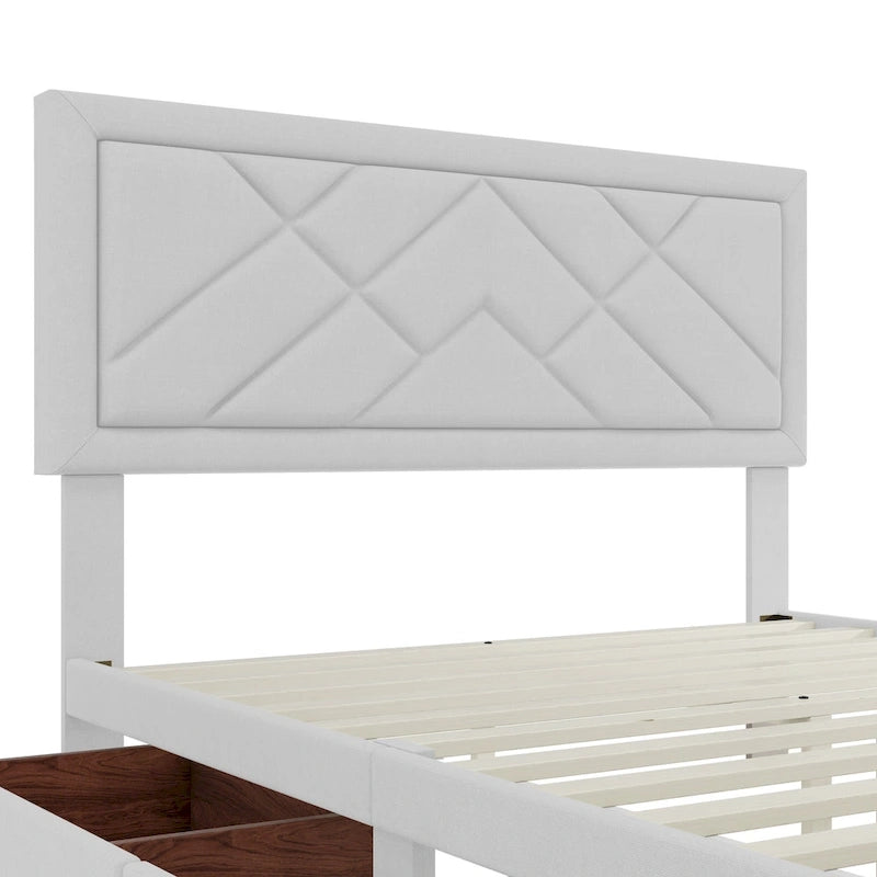 Queen Platform Bed with Upholstered Headboard & Storage Drawers - Noise-Free, No Box Spring Needed, Rivet Design