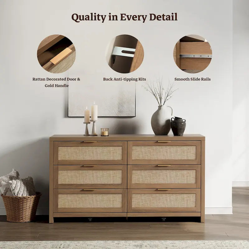 6-Drawer Rattan Woven Dresser Set of 2 with Wheels - Industrial Style Storage Cabinet with Ball-Bearing Slides - Bedroom Entryway Organizer