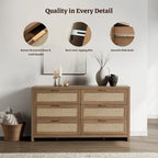 6-Drawer Rattan Woven Dresser Set of 2 with Wheels - Industrial Style Storage Cabinet with Ball-Bearing Slides - Bedroom Entryway Organizer