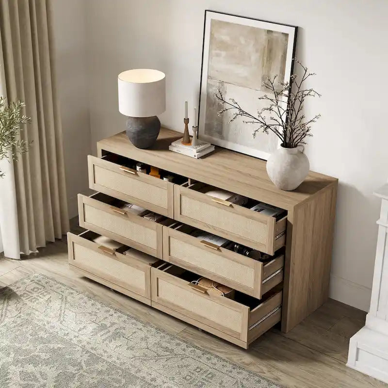 6-Drawer Rattan Woven Dresser Set of 2 with Wheels - Industrial Style Storage Cabinet with Ball-Bearing Slides - Bedroom Entryway Organizer