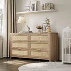 6-Drawer Rattan Woven Dresser Set of 2 with Wheels - Industrial Style Storage Cabinet with Ball-Bearing Slides - Bedroom Entryway Organizer