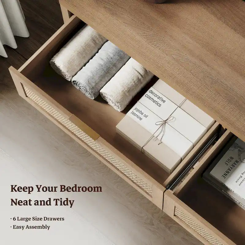 6-Drawer Rattan Woven Dresser Set of 2 with Wheels - Industrial Style Storage Cabinet with Ball-Bearing Slides - Bedroom Entryway Organizer