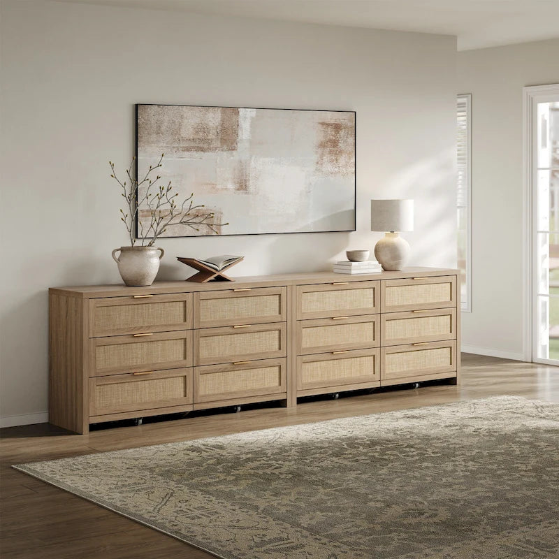 6-Drawer Rattan Woven Dresser Set of 2 with Wheels - Industrial Style Storage Cabinet with Ball-Bearing Slides - Bedroom Entryway Organizer