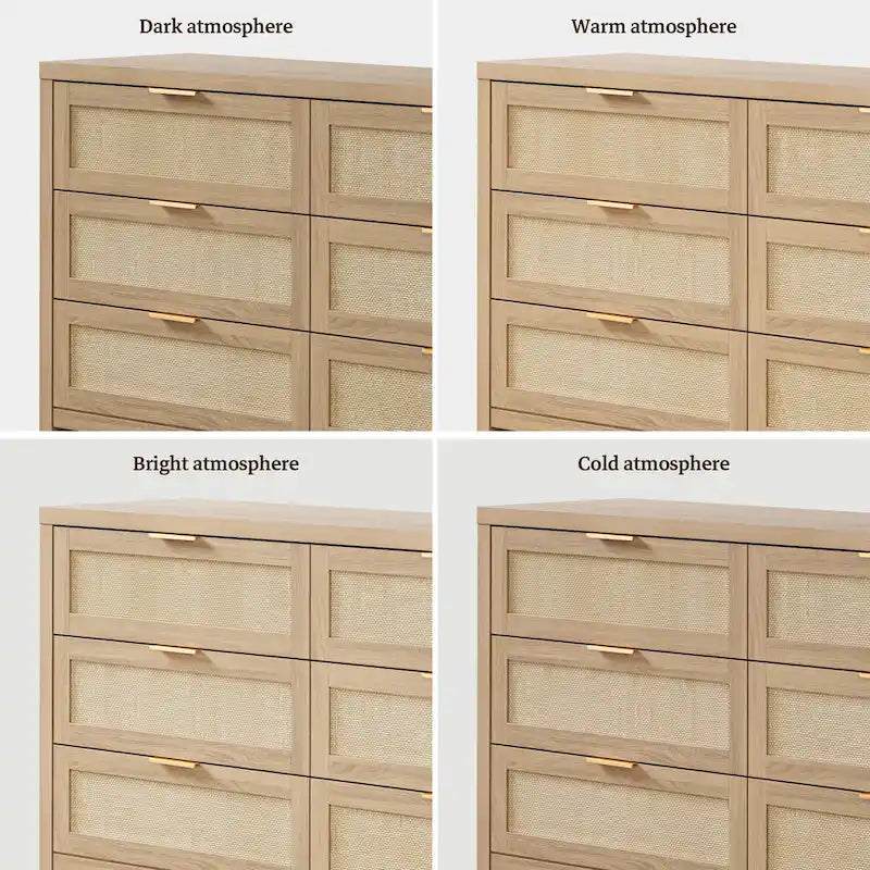 6-Drawer Rattan Woven Dresser Set of 2 with Wheels - Industrial Style Storage Cabinet with Ball-Bearing Slides - Bedroom Entryway Organizer