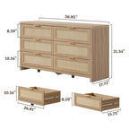 6-Drawer Rattan Woven Dresser Set of 2 with Wheels - Industrial Style Storage Cabinet with Ball-Bearing Slides - Bedroom Entryway Organizer
