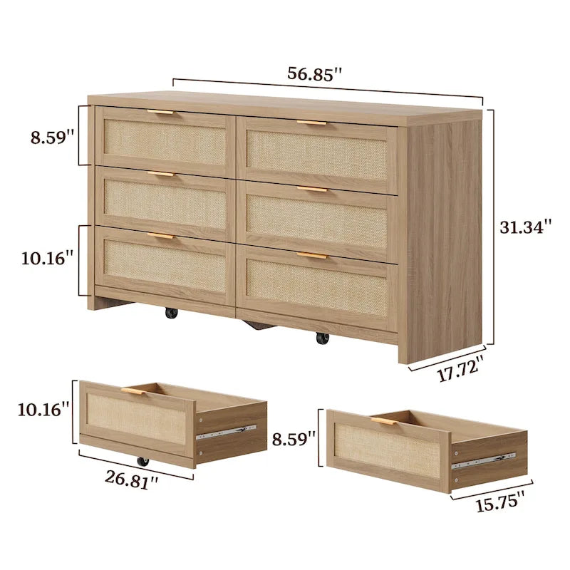 6-Drawer Rattan Woven Dresser Set of 2 with Wheels - Industrial Style Storage Cabinet with Ball-Bearing Slides - Bedroom Entryway Organizer