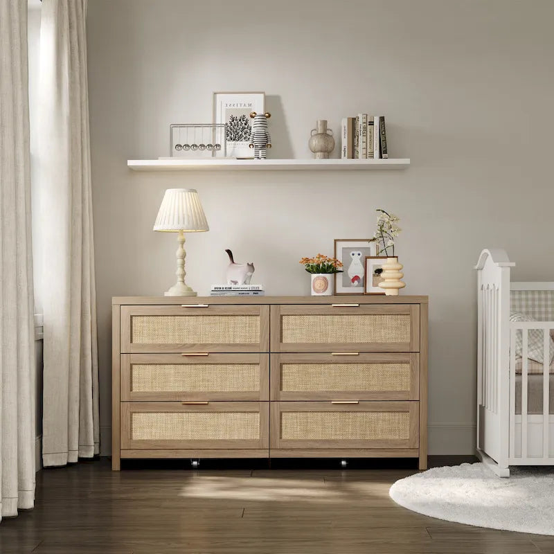 6-Drawer Rattan Woven Dresser Set of 2 with Wheels - Industrial Style Storage Cabinet with Ball-Bearing Slides - Bedroom Entryway Organizer