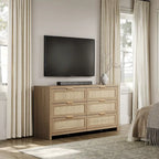 6-Drawer Rattan Woven Dresser Set of 2 with Wheels - Industrial Style Storage Cabinet with Ball-Bearing Slides - Bedroom Entryway Organizer