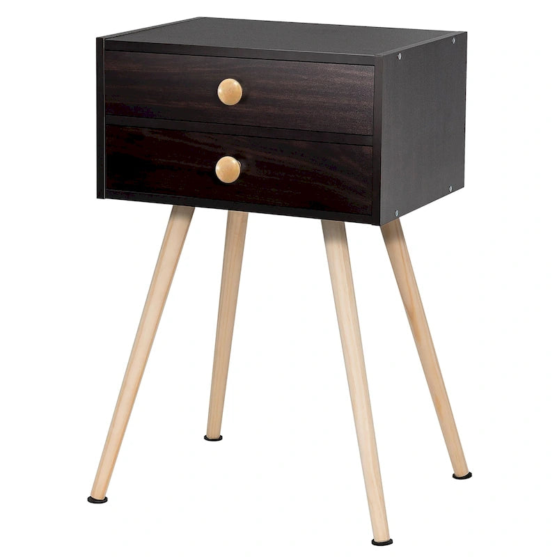 Mid-Century Modern Nightstand with 2 Drawers - MDF & Wood, Espresso, 66lbs Capacity, 15"L x 11"W x 24"H