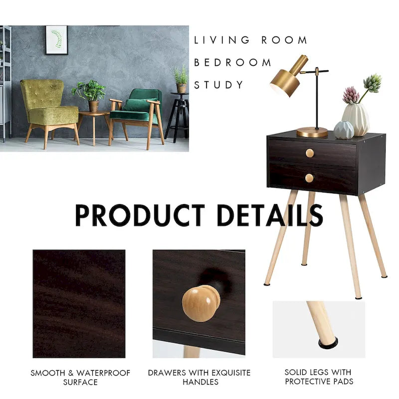 Mid-Century Modern Nightstand with 2 Drawers - MDF & Wood, Espresso, 66lbs Capacity, 15"L x 11"W x 24"H