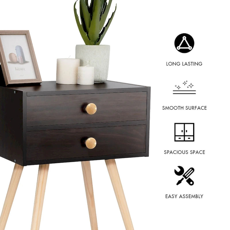 Mid-Century Modern Nightstand with 2 Drawers - MDF & Wood, Espresso, 66lbs Capacity, 15"L x 11"W x 24"H