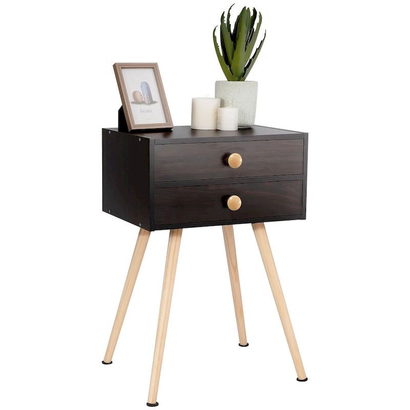 Mid-Century Modern Nightstand with 2 Drawers - MDF & Wood, Espresso, 66lbs Capacity, 15"L x 11"W x 24"H