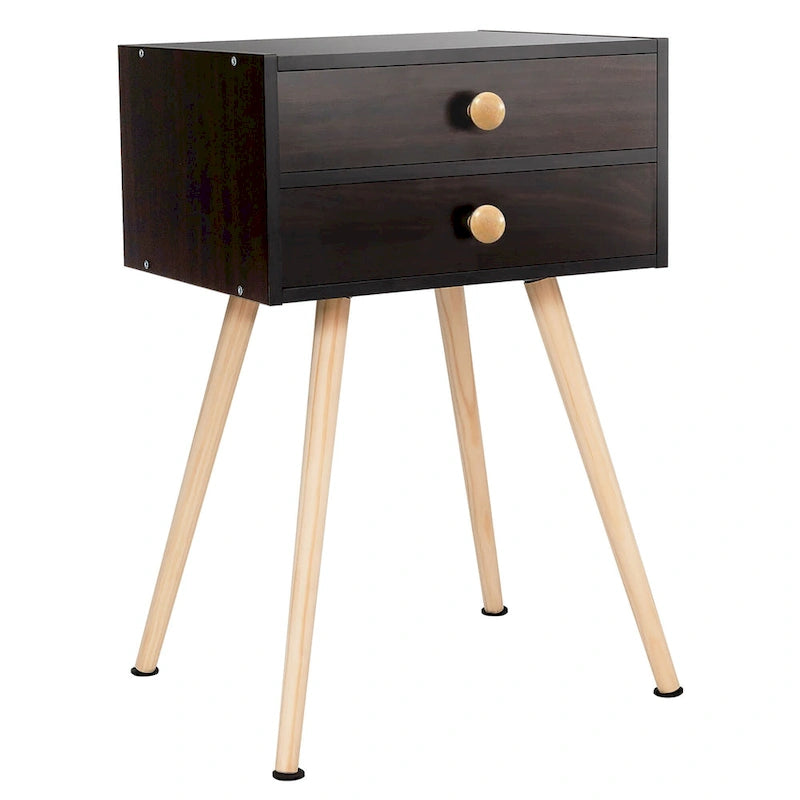 Mid-Century Modern Nightstand with 2 Drawers - MDF & Wood, Espresso, 66lbs Capacity, 15"L x 11"W x 24"H