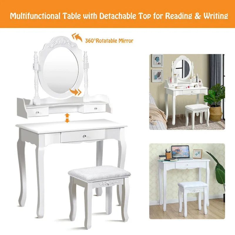 White Vanity Makeup Table with Stool and 3 Drawers - MDF & Pine Wood, 360° Rotating Mirror, Cushioned Stool