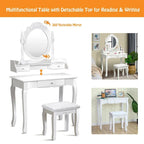 White Vanity Makeup Table with Stool and 3 Drawers - MDF & Pine Wood, 360° Rotating Mirror, Cushioned Stool
