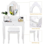 White Vanity Makeup Table with Stool and 3 Drawers - MDF & Pine Wood, 360° Rotating Mirror, Cushioned Stool