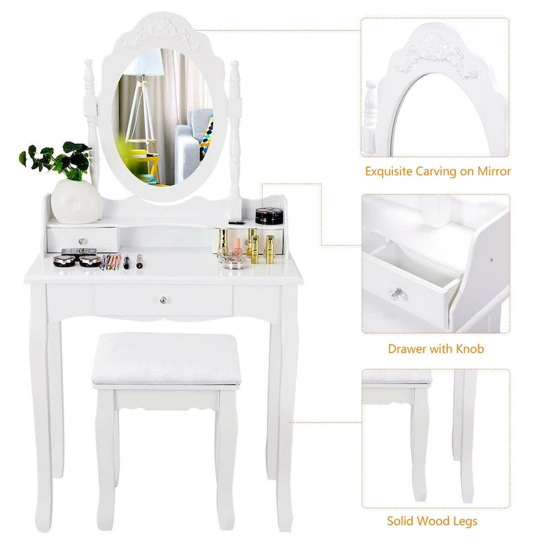 White Vanity Makeup Table with Stool and 3 Drawers - MDF & Pine Wood, 360° Rotating Mirror, Cushioned Stool