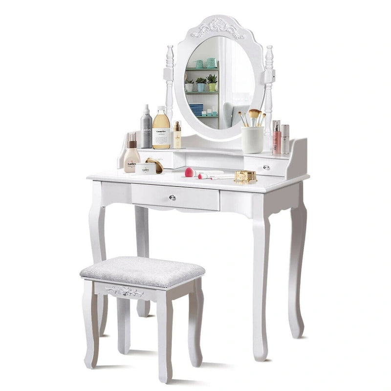 White Vanity Makeup Table with Stool and 3 Drawers - MDF & Pine Wood, 360° Rotating Mirror, Cushioned Stool