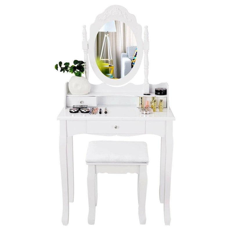 White Vanity Makeup Table with Stool and 3 Drawers - MDF & Pine Wood, 360° Rotating Mirror, Cushioned Stool