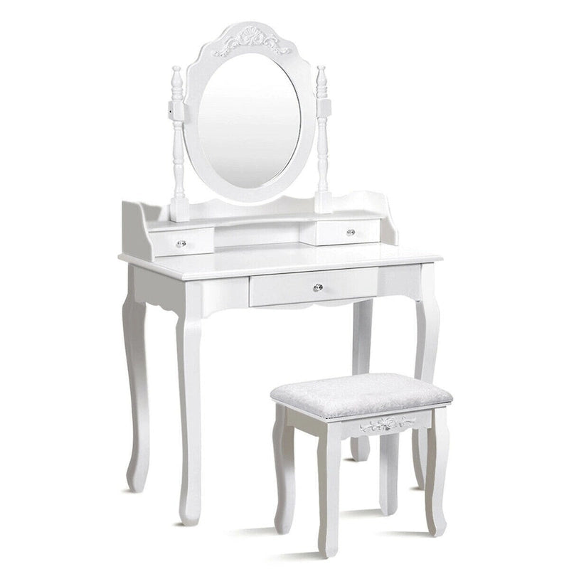 White Vanity Makeup Table with Stool and 3 Drawers - MDF & Pine Wood, 360° Rotating Mirror, Cushioned Stool