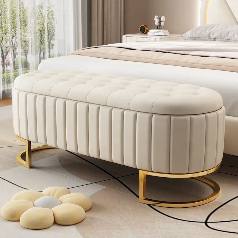 47" Velvet Storage Ottoman with Button-Tufted Design - Metal Legs, Rainbow Style, Beige/Pink, Bedroom/Living Room