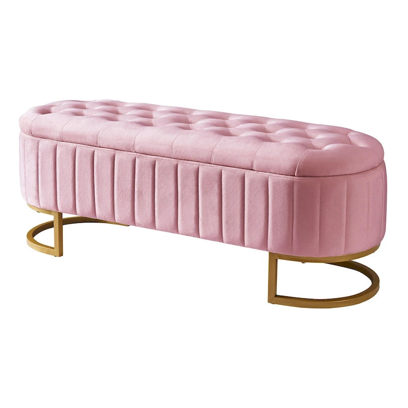 47" Velvet Storage Ottoman with Button-Tufted Design - Metal Legs, Rainbow Style, Beige/Pink, Bedroom/Living Room
