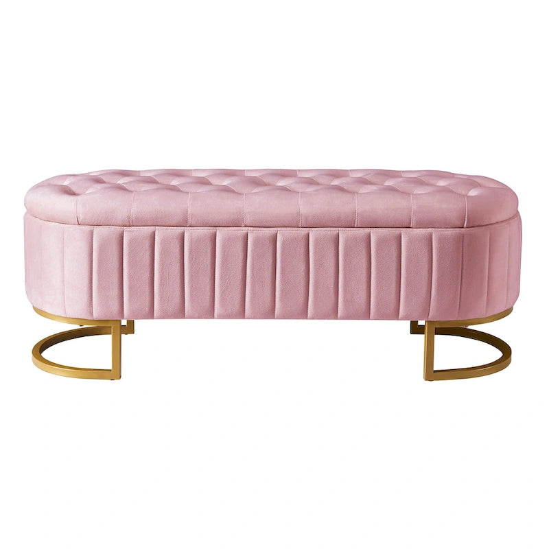 47" Velvet Storage Ottoman with Button-Tufted Design - Metal Legs, Rainbow Style, Beige/Pink, Bedroom/Living Room