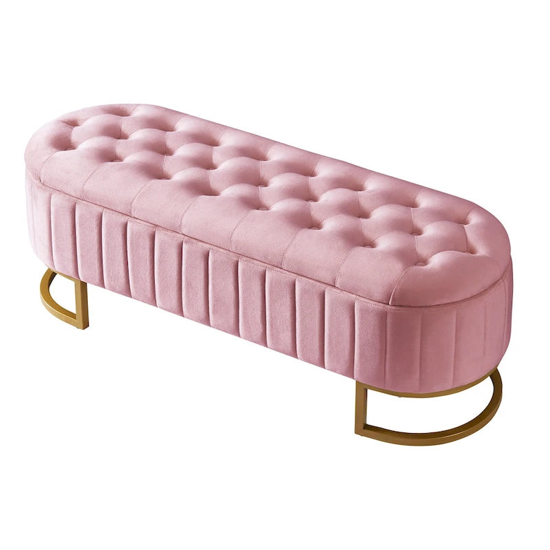 47" Velvet Storage Ottoman with Button-Tufted Design - Metal Legs, Rainbow Style, Beige/Pink, Bedroom/Living Room