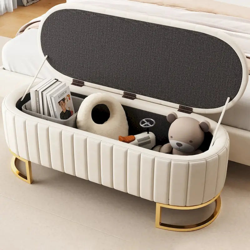 47" Velvet Storage Ottoman with Button-Tufted Design - Metal Legs, Rainbow Style, Beige/Pink, Bedroom/Living Room