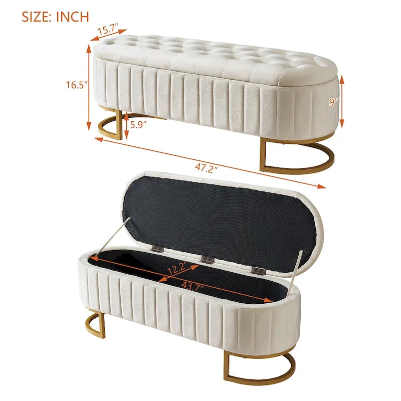 47" Velvet Storage Ottoman with Button-Tufted Design - Metal Legs, Rainbow Style, Beige/Pink, Bedroom/Living Room