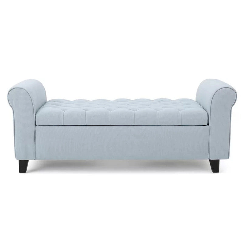 50" Storage Ottoman Bench with Rolled Arms - Button Tufted, Light Blue Fabric, Black Wood Frame, Soft Close Lid