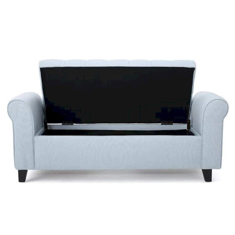 50" Storage Ottoman Bench with Rolled Arms - Button Tufted, Light Blue Fabric, Black Wood Frame, Soft Close Lid
