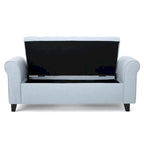 50" Storage Ottoman Bench with Rolled Arms - Button Tufted, Light Blue Fabric, Black Wood Frame, Soft Close Lid