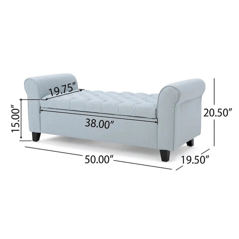 50" Storage Ottoman Bench with Rolled Arms - Button Tufted, Light Blue Fabric, Black Wood Frame, Soft Close Lid