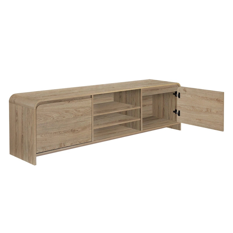 71" Modern TV Stand - Beige Wood Media Cabinet with 2 Drawers & Open Shelves - Curved Waterfall Edge Design for 70" TVs