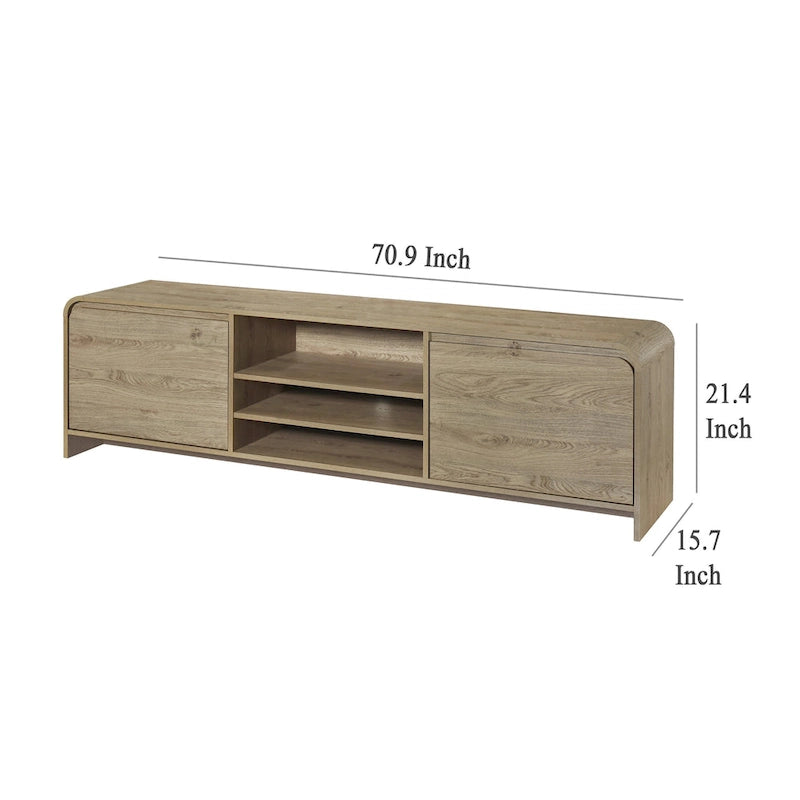71" Modern TV Stand - Beige Wood Media Cabinet with 2 Drawers & Open Shelves - Curved Waterfall Edge Design for 70" TVs
