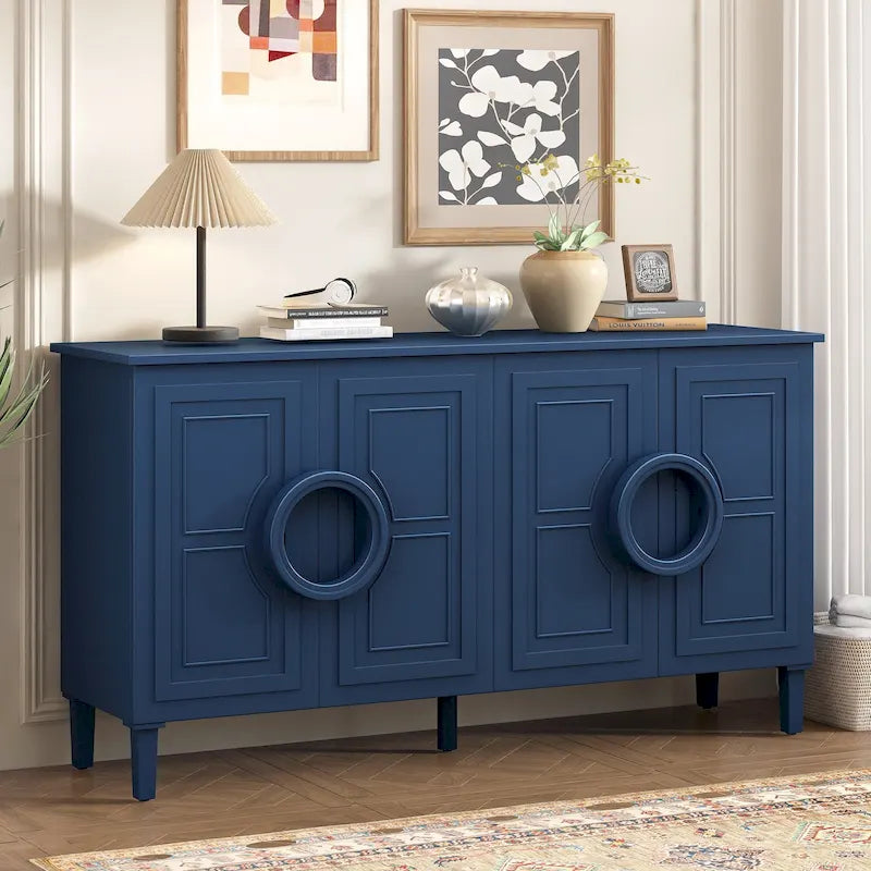 58.9" Sideboard Cabinet with 4 Doors - French Style, Round Ring Handles, Adjustable Shelf, MDF, 5 Legs