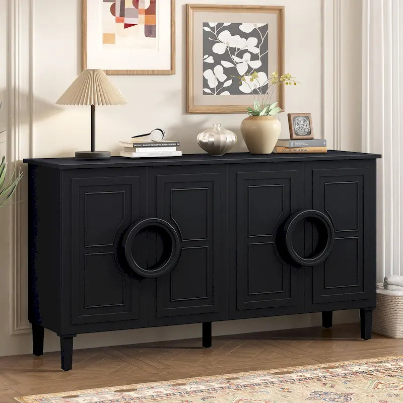 58.9" Sideboard Cabinet with 4 Doors - French Style, Round Ring Handles, Adjustable Shelf, MDF, 5 Legs